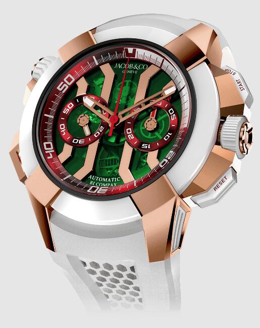 Jacob & Co EC312.42.PB.GR.A EPIC X CHRONO ROSE GOLD AND WHITE CERAMIC (GREEN DIAL, RED INNER RINGS) replica watch